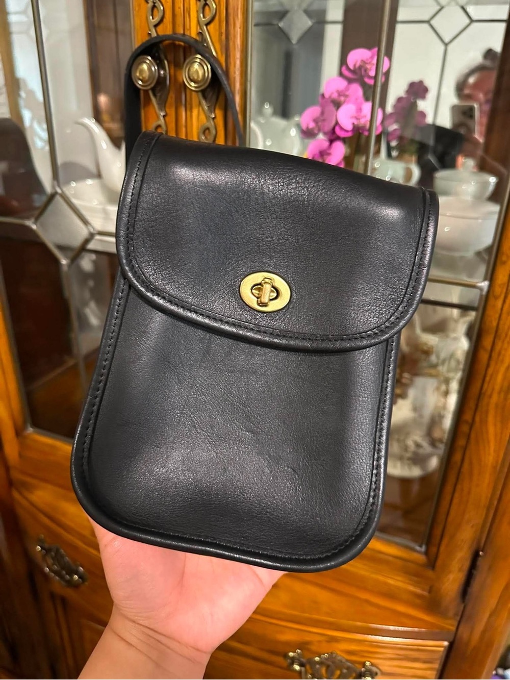 Coach Black Leather Small Crossbody Bag with Brass Hardware